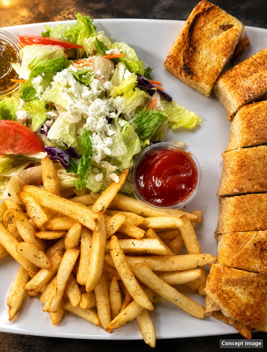 A Top Shawarma plate: a toasted wrap cut in pieces, salad with feta, fries and dipping sauces